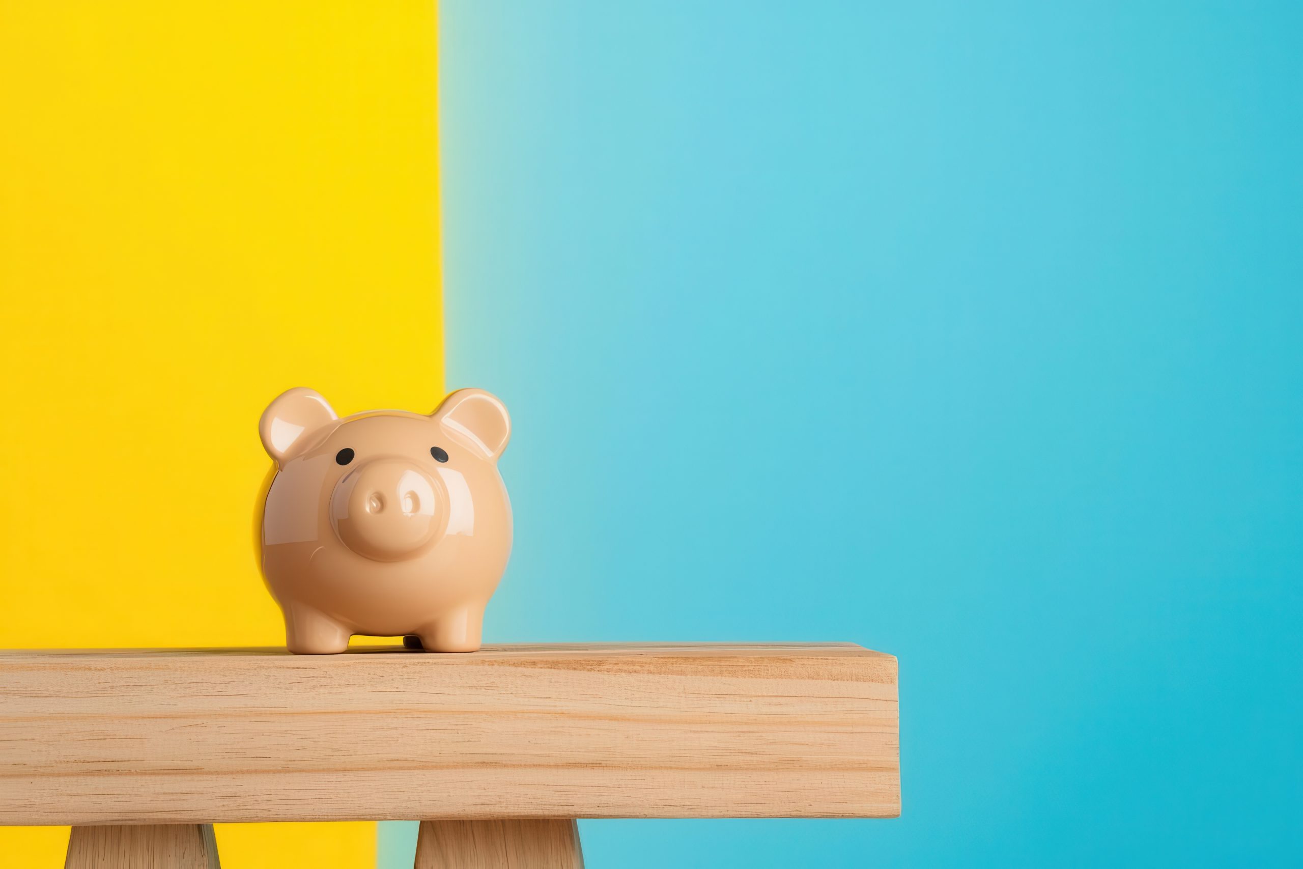 piggy bank on a table with a blue and yellow background