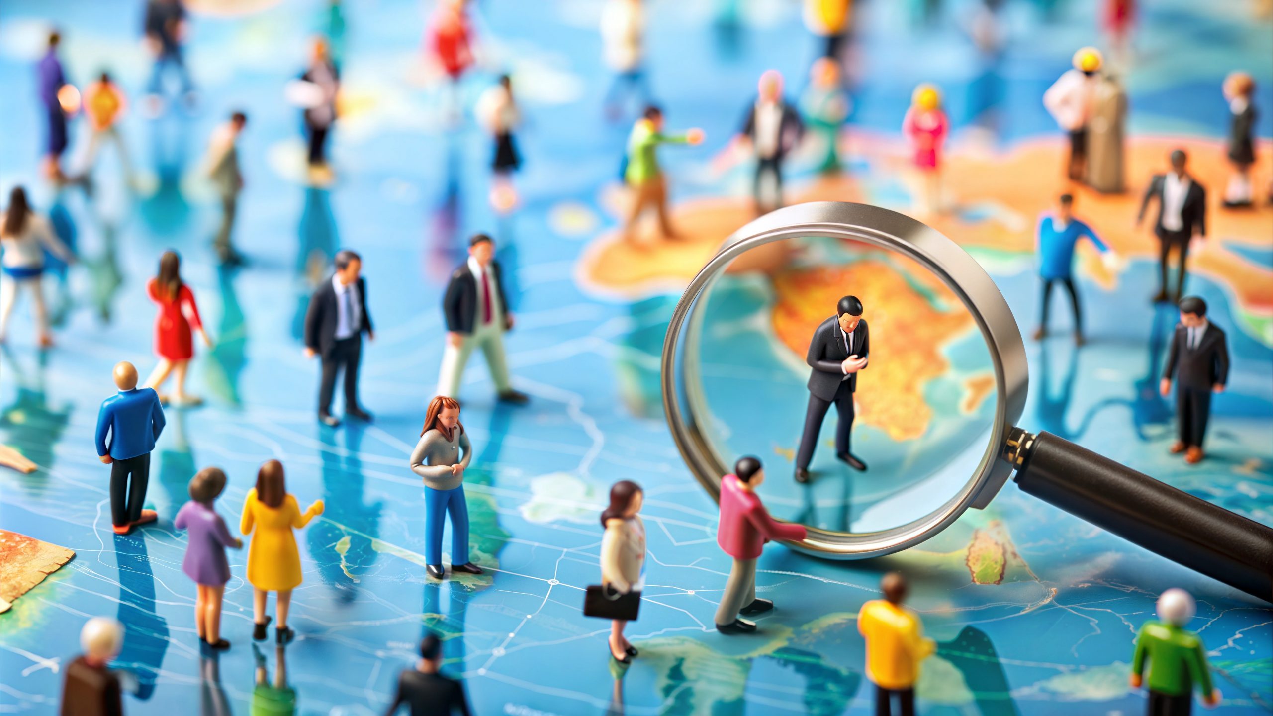 people figurines on a map with a magnifying glass